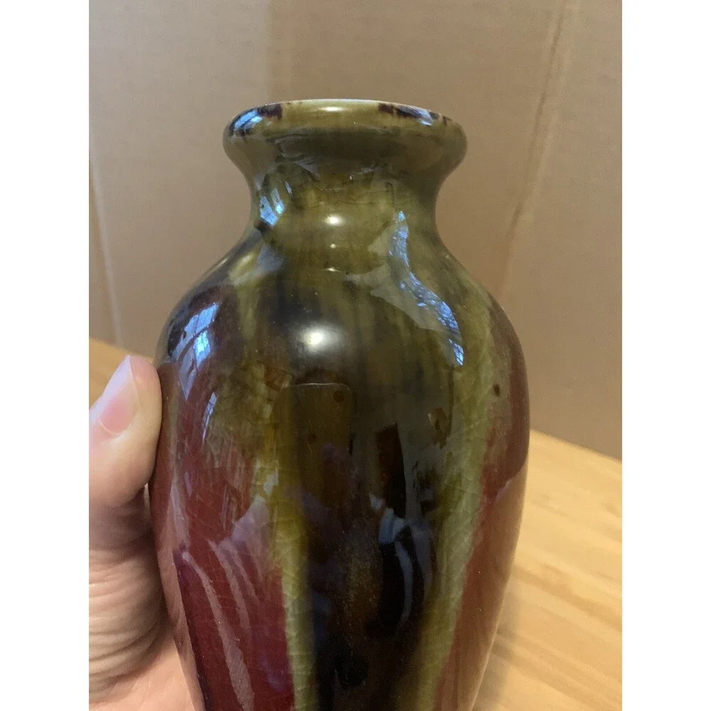 Art Pottery Flower Vase Crackle Glaze Moss Green Wine Red Brown 5.75” Small